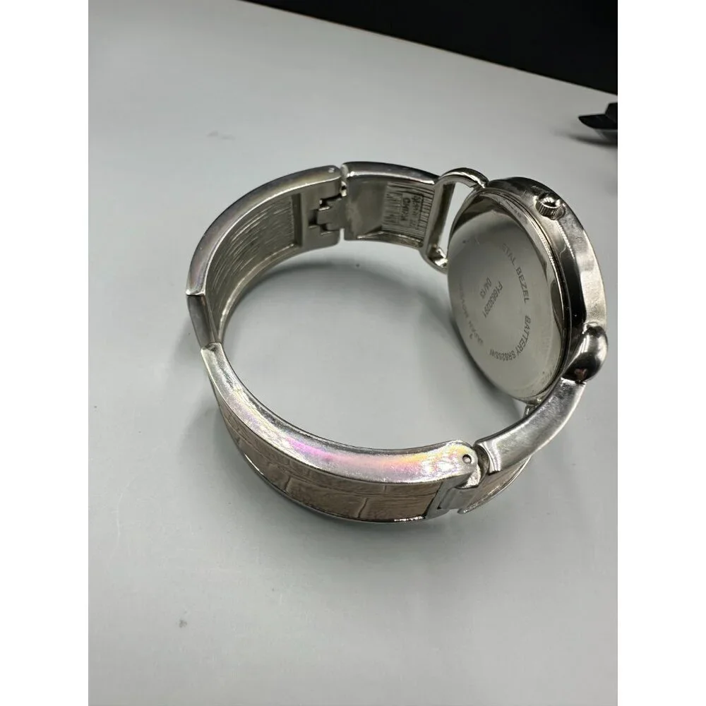3/$30 Silver Tone Women Cuff Watch Rhinestone Bezel Arabic Numerals Works 7